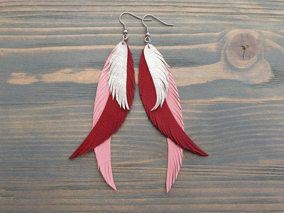 Leather Earrings, Boho Earrings, Long Earrings, Statement Earrings, Bohemian Earrings, Leather Feather Earrings, Pink Earrings, Boho Jewelry