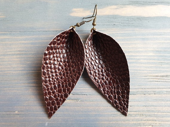 Leather Leaf Earrings, Large Leaf Earrings, Leather Earrings, Western Earrings, Brown Leather Earrings, Rustic Earrings, Boho Earrings