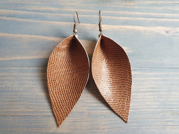 Large Leather Leaf Earrings, Lizard Earrings, Leather Earrings, Reptile Earrings, Western Earrings, Boho Earrings,Rustic Leather Earrings.
