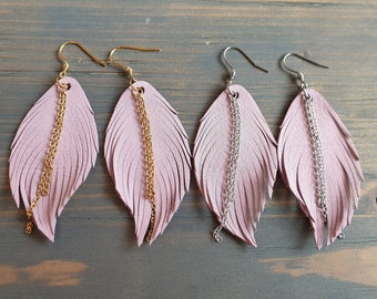 Pink Leather Earrings, Feather Earrings, Leather Feather Earrings, Pink Earrings, Hypoallergenic Earrings, Valentines Gift For Her