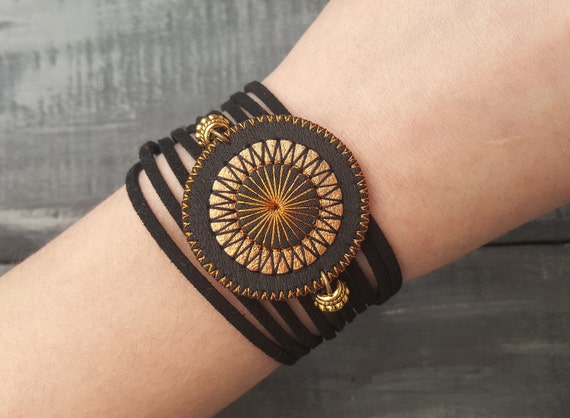 Bohemian Wrap Bracelet Black Leather Bracelet Bronze Wrap Bracelet Cuff bracelet Boho Jewelry Embroidered Mandala Bracelet Leather Jewelry
