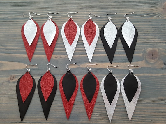 Modern leather earrings. Large leather earrings. Long earrings. Black Silver Red Lightweight earrings. Colorful leather earrings. Handmade