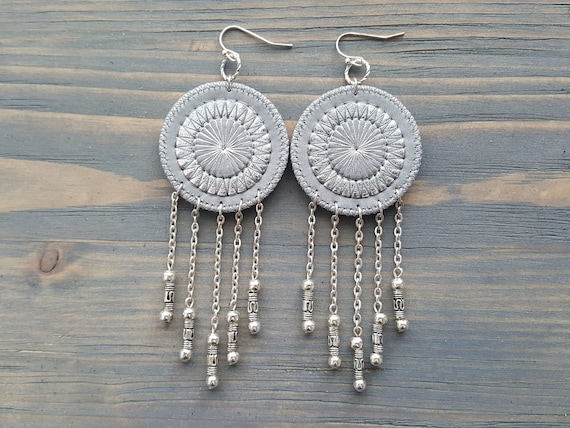 Silver Circle Earrings. Grey Leather Earrings. Dangle Earrings. Circle Boho Earrings. Large Bohemian Earrings. Embroidered Mandala Earrings.