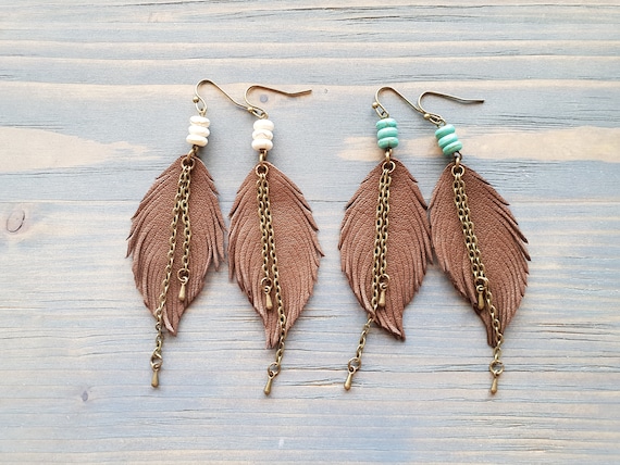 Brown Leather Earrings. Boho Earrings. Leather Feather Earrings. Dangle Earrings. Bohemian Earrings. Boho Jewelry. Bohemian Jewelry For Her.