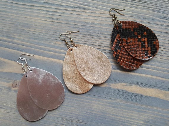 Large earrings Leather teardrop Snake earrings Silver leather teardrop Sparkly gold teardrop Bohemian dangle earrings Large boho earrings
