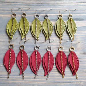 Leather feather earrings. Boho earrings. Bohemian earrings. Leather earrings. Dangle layered earrings. Native earrings. Western earrings. image 3