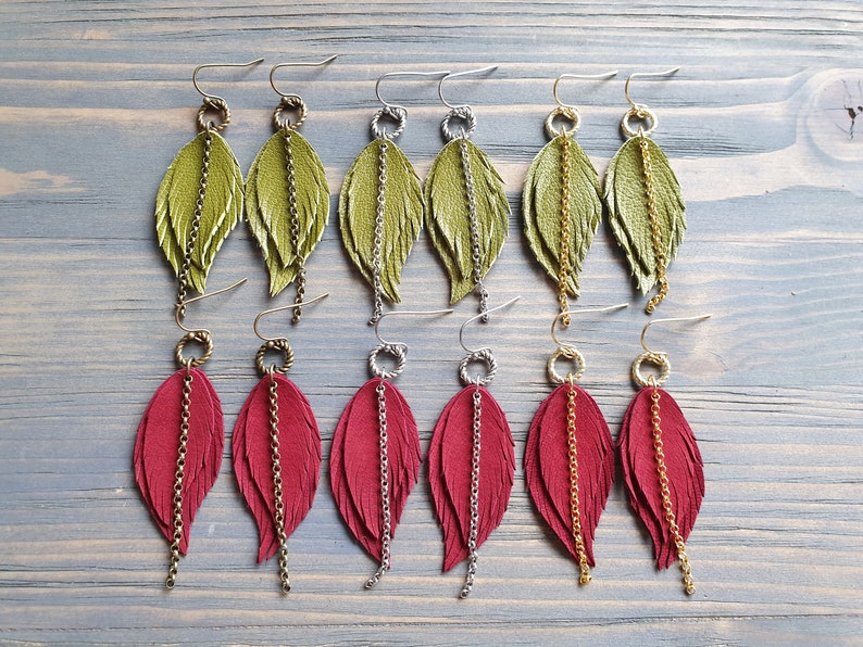 Leather feather earrings. Boho earrings. Bohemian earrings. Leather earrings. Dangle layered earrings. Native earrings. Western earrings. image 3