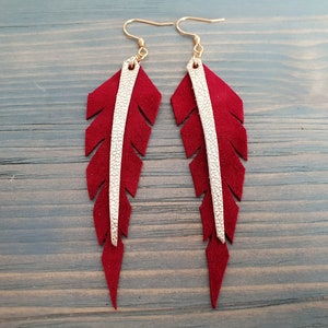 Red earrings, Leather earrings, Feather earrings, Leather feather earrings, Red feather earrings, Red leather earrings, Handmade earrings