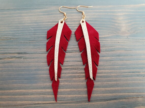 Red earrings, Leather earrings, Feather earrings, Leather feather earrings, Red feather earrings, Red leather earrings, Handmade earrings