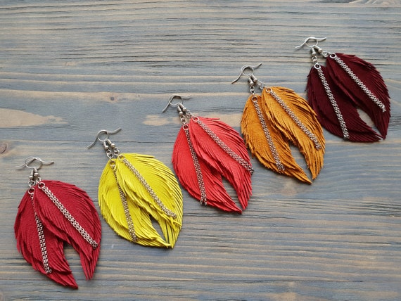 Bright Feather Earrings. Leather Feather Earrings. Suede Earrings. Bohemian Dangle Earrings. Colorful Boho earrings. Leather Jewelry.