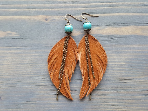 Ginger Brown Earrings. Leather Feather Earrings. Turquoise Earrings. Bronze Bohemian Earrings. Boho Tribal Earrings. Boho Chic Jewelry.