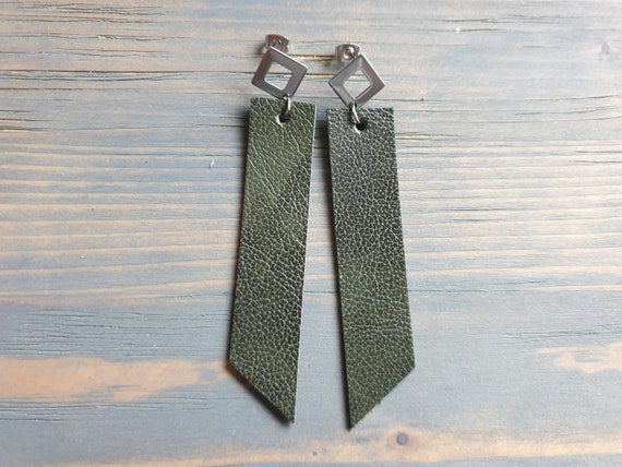 Leather Earrings, Silver Stud Earrings, Green Earrings, Geometric Earrings, Leather Bar Earrings, Long Dangle Earrings, Simple Earrings
