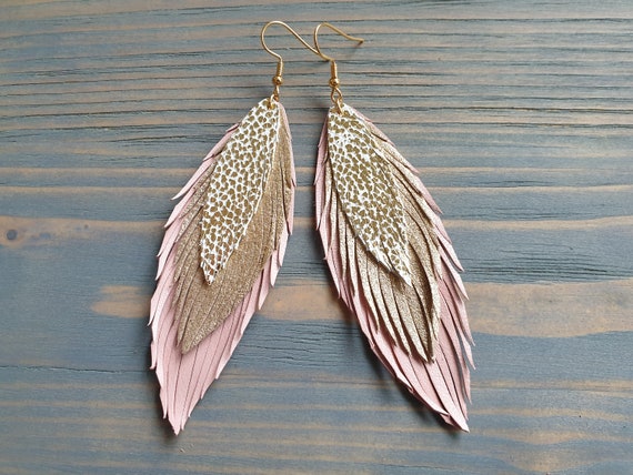 Pink and Gold Leather Earrings Long Earrings Leather Feather