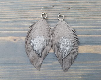 Grey and silver leather earrings. Leather feather earrings. Boho earrings. Bohemian earrings. Light weight earrings. Boho chic jewelry.