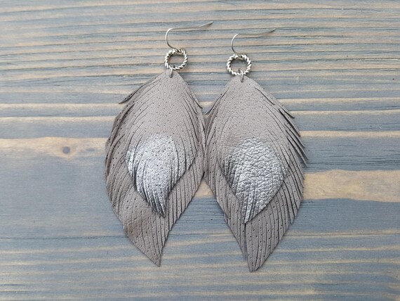 Grey and silver leather earrings. Leather feather earrings. Boho earrings. Bohemian earrings. Light weight earrings. Boho chic jewelry.