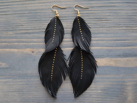 Double Feather Earrings. Leather Feather Earrings. Long Earrings. Bohemian Earrings. Boho earrings. Lightweight earrings. Genuine leather.