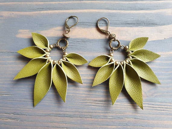 Green Leather Earrings, Large Boho Earrings, Big Hoop Earrings, Bohemian Earrings, Statement Earrings, Trendy Fashion Jewelry For Women