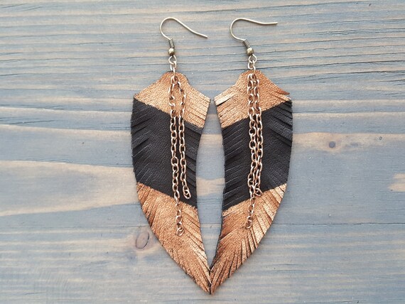 Bronze feather earrings. Leather earrings. Feather earrings. Leather feather earrings. Boho earrings. Long feather earrings. Large earrings
