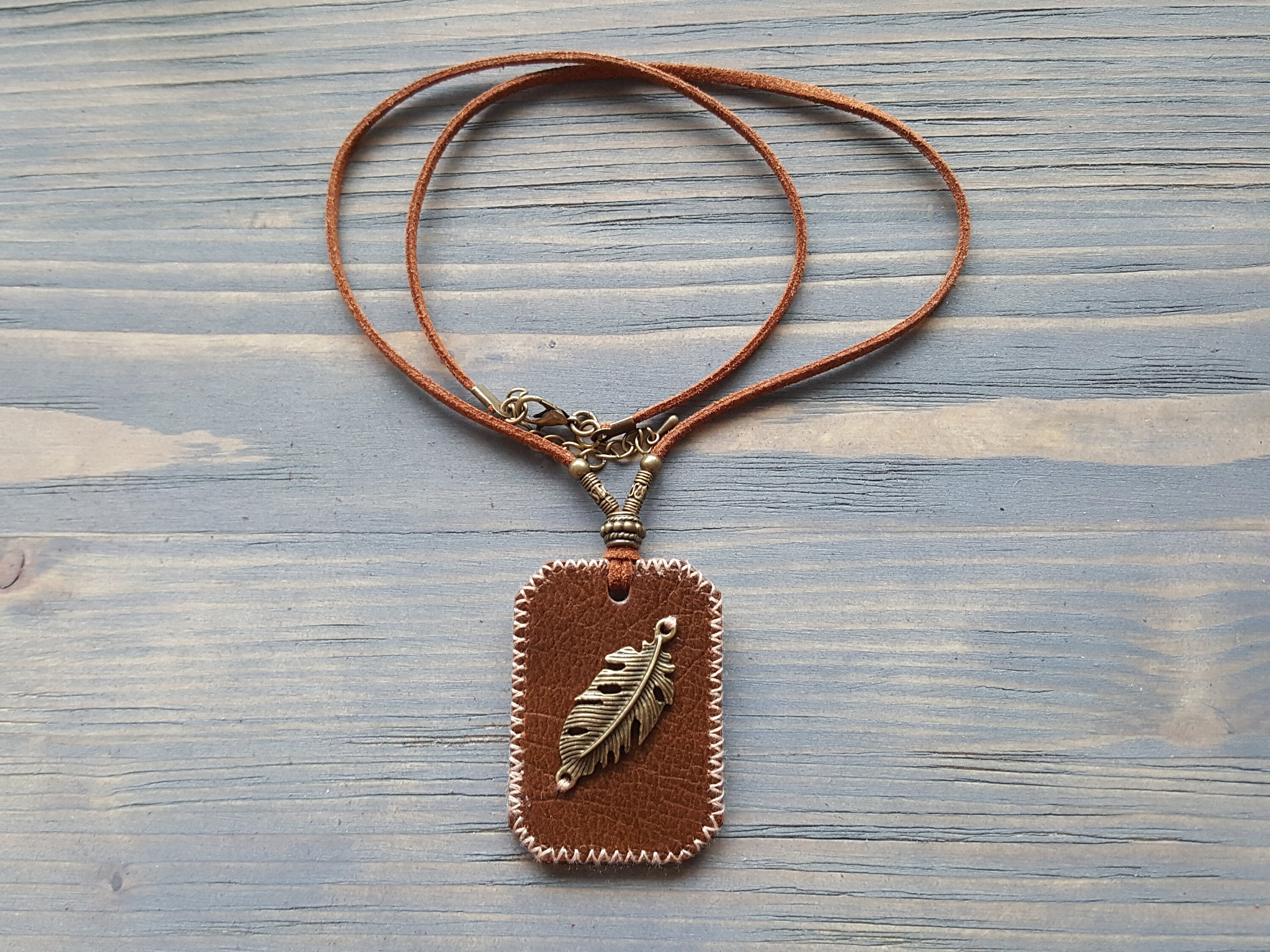 Bronze Feather Pendant Necklace Leather ...