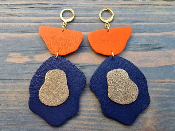 Genuine Leather Earrings, Bright Orange, Navi, Gold Earrings, Multicolour Earrings, Art Nouveau Earrings, Statement Earrings, Modern Jewelry