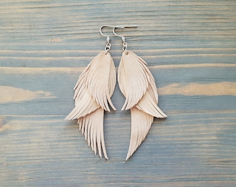 Handmade Genuine Leather Feather Earrings Boho Jewelry Gift For Her Triple Feather Bohemian Earrings