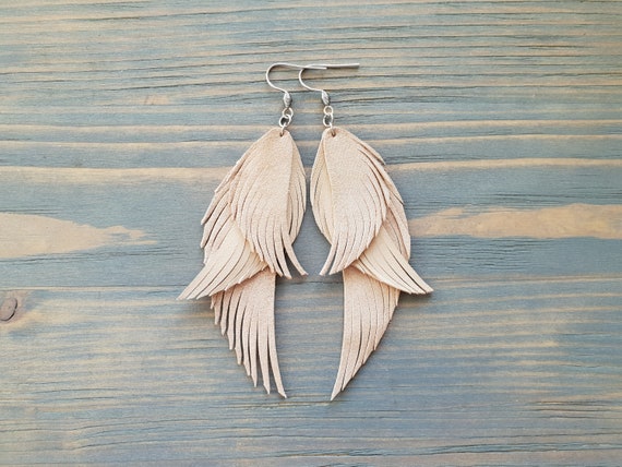 Handmade Genuine Leather Feather Earrings Boho Jewelry Gift For Her Triple Feather Bohemian Earrings