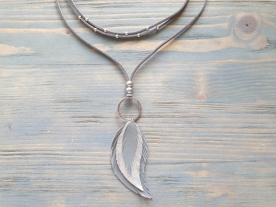 Grey Leather Feather Pendant Necklace. Bohemian Leather Necklace. Layered Wrap Necklace. Boho Choker Necklace. Leather Bohemian Jewelry.