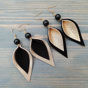 Black and Gold Earrings, Leather Leaf Earring, Leather Earrings, Boho Chic Earrings, Black Agate Earrings, Long Dangle Earrings Boho Jewelry
