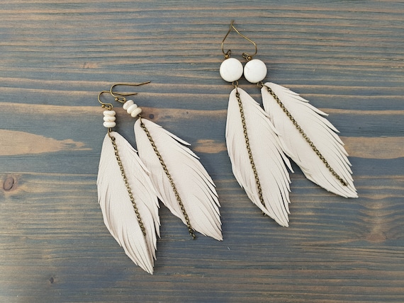 Ivory Leather Earrings, Long Feather Earrings, Leather Feather Earrings, Bohemian Earrings, Boho Jewelry, Statement Earrings, Cream Earrings
