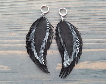 Black & Silver Leather Feather Earrings. Long Dangle Earrings. Soft Leather Bohemian Earrings. Light Weight Large Earrings. Boho Earrings.