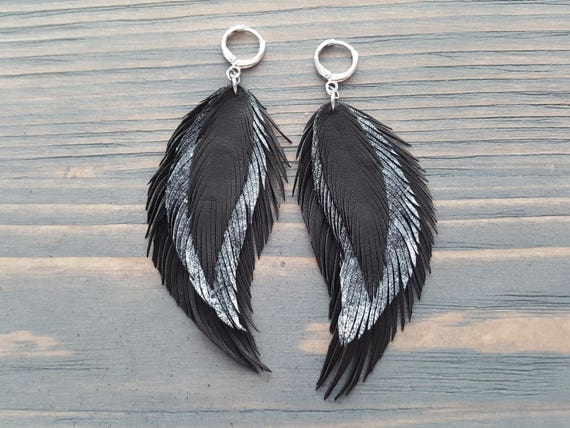 Black & Silver Leather Feather Earrings. Long Dangle Earrings. Soft Leather Bohemian Earrings. Light Weight Large Earrings. Boho Earrings.