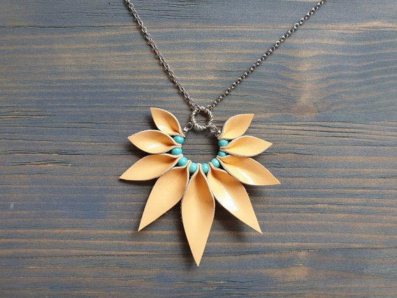 Leather Pendant Necklace, Chain Necklace, Peach and Turquoise Necklace, Silver Chain Necklace, Boho Necklace, Statement Necklace