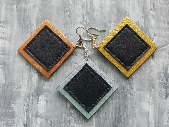 Leather Geometric Earrings. Square Earrings. Large Dangle Earrings. Bronze Silver Gold Leather Earrings. Leather Jewelry. Geometric Jewelry.
