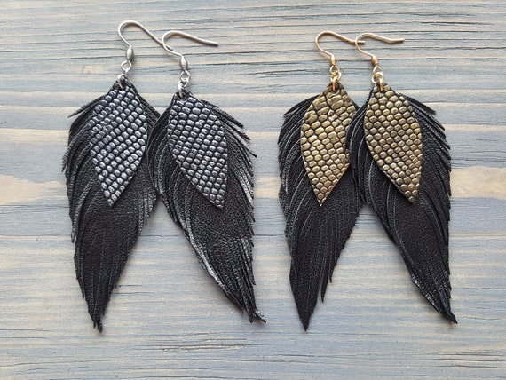 Large Statement Earrings. Black Leather Earrings. Leather Feather Earrings. Boho Earrings. Bohemian Statement Earrings. Big Earrings.