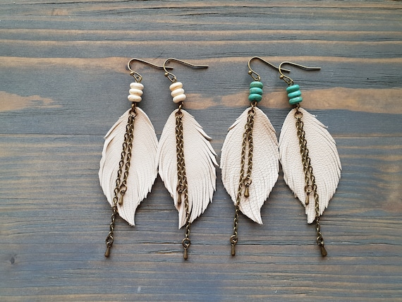 Cream Leather Earrings. Feather Earrings. Boho Earrings. Turquoise