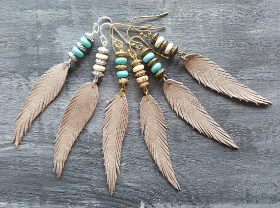 Beige feather earrings. Leather feather earrings. Gemstone beaded earrings. Long drop earrings. Boho earrings. Bohemian earrings.