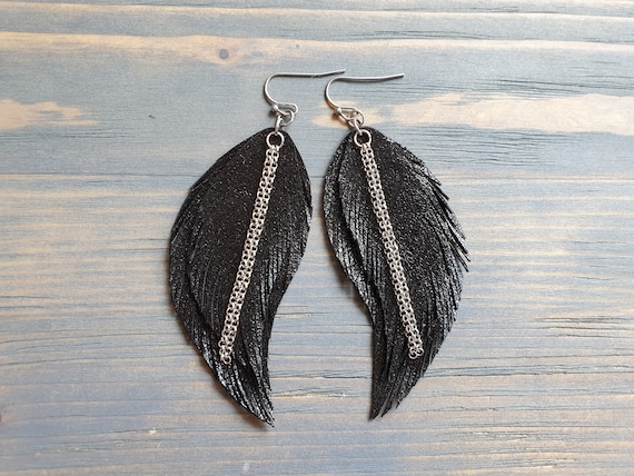 Black Leather Earrings, Boho Earrings, Statement Earrings, Leather Feather Earrings, Lightweight Earrings, Bohemian Earrings, Boho Jewelry
