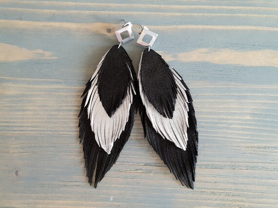 Long Leather Feather Earrings, Black and Silver Earrings, Genuine Leather Earrings, Statement Earrings, Boho Jewelry, Bohemian Earrings.
