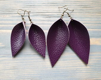 Leather Leaf Earrings, Purple Leather earrings, Western Earrings, Simple Earrings, Boho Earrings, Gift for Her