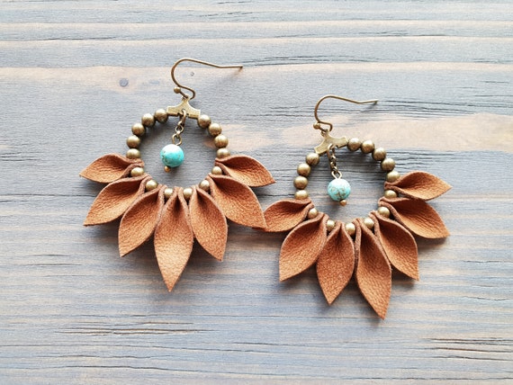 Bohemian Hoop Earrings, Bronze Hoop Earrings, Boho Earrings, Brown Leather Earrings, Bohemian Jewelry, Boho Jewelry, Statement Jewelry.