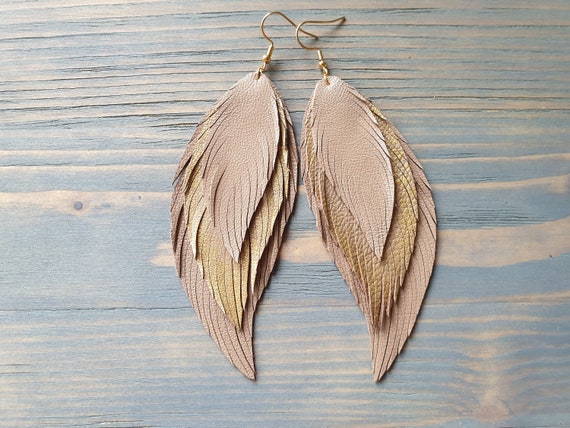 Statement Earrings, Leather Feather Earrings, Oversize Earrings, Layered Leather Earrings, Large Lightweight Earrings, Bohemian Earrings