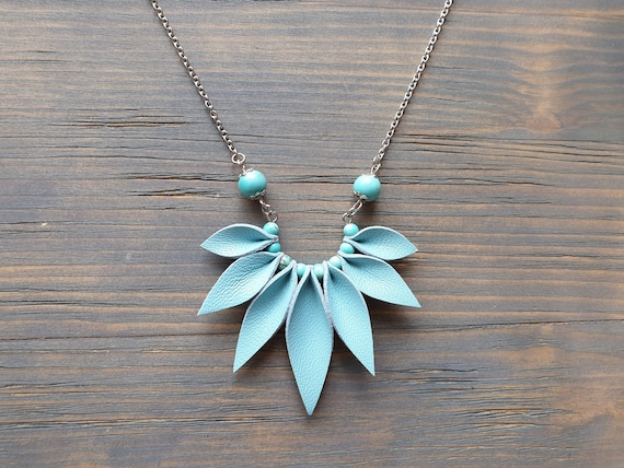 Leather Necklace, Statement Necklace, Blue Leather Necklace, Blue Necklace, Boho Necklace, Boho Jewelry, Chain Necklace, Handmade Necklace.