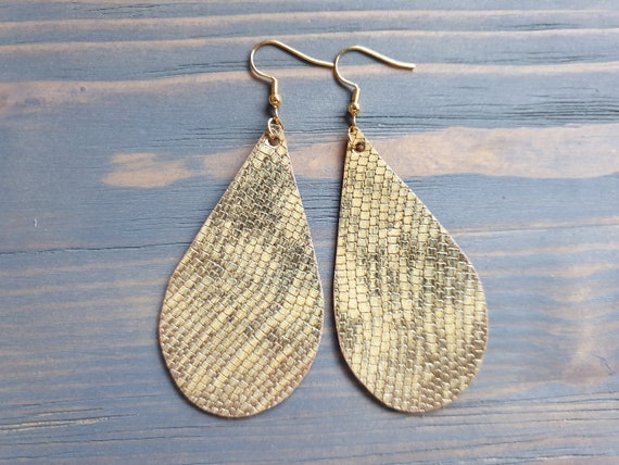 Leather Teardrop Earrings, Trendy Earrings, Golden Leather Earrings, Fashion Jewellery, Gold Teardrop Earrings, Boho Earrings.