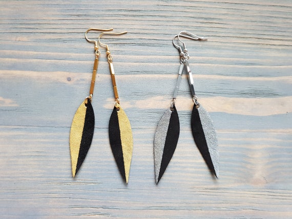 Hematite Bar Earrings, Long Thin Earrings, Dangle Earrings, Drop Earrings, Leather Petal Earrings, Long Leather Earrings, Gold / Silver