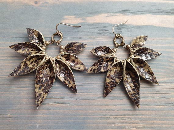 Large Leather Earrings,Statement Earrings, Snakeskin Earrings, Leather Petal Earrings, Big Hoop Earrings, Bohemian Earrings, Boho Earrings.