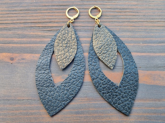Teal and Gold Leather Drop Earrings, Statement Earrings, Genuine leather Dangle Earrings, Boho Earrings