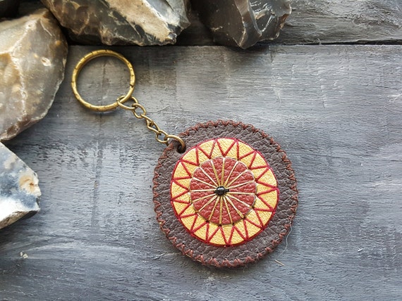 Brown leather keychain. Mandala keychain. Boho keychain. Bohemian keychain. Tribal keychain. Hippie keychain. Leather accessories. Boho chic