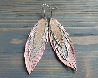 Mehrreihige Leder Tropfen Ohrringe, Leder Feder Ohrringe, Glänzende Leder Ohrringe, Rosa, Silber, Rose Gold Baumeln Ohrringe Für Sie