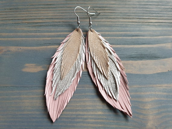 SHORT Leather feather earrings silver feather earrings soft gold leather feather earrings leather earrings lightweight dangle earrings