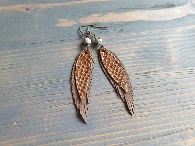 Brown Feather Earrings. Leather Feather Earrings. Gemstone Etsy